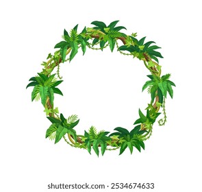 Tropical jungle circle frame composed of lush green leaves and twisting liana branches offering a sense of exotic vegetation. Cartoon vector round rainforest border, photo frame or game menu template