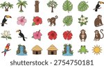 Tropical Jungle Collection Set Featuring Monkey Toucan Parrot Frog Palm Trees Hibiscus Flowers Monstera Leaves Waterfall And Tribal Hut Isolated On White Background For Design