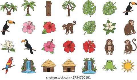 Tropical Jungle Collection Set Featuring Monkey Toucan Parrot Frog Palm Trees Hibiscus Flowers Monstera Leaves Waterfall And Tribal Hut Isolated On White Background For Design