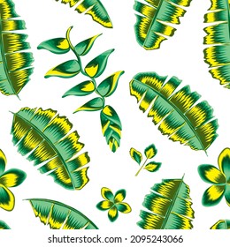 tropische Dschungelelemente illustrieren nahtloses Muster mit bunten Bananenblättern und Helikonien, Frangipani-Blumenblättern auf weißem Hintergrund. Blumenhintergrund. Exotische Tropen. Sommerdesign
