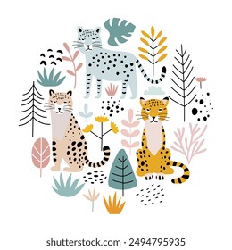 Tropical jungle elements isolated on white. Wild animals, plants, leaves, flowers and spot shapes. Safari clip art in scandinavian style. Vector illustration.