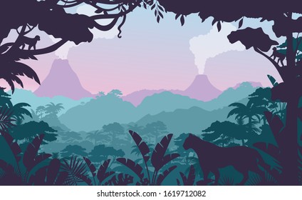 Tropical Jungle Flat Vector Illustration. Beautiful Evening Forest Landscape, Exotic Flora And Fauna. African Rainforest View With Wild Cat Silhouette And Smoking Volcanos On Background.