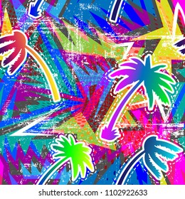 Tropical jungle floral seamless pattern background with palm leaves. Color grunge background