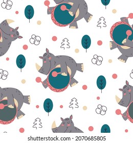 Tropical jungle forest animal rhinoceros playing music on drum seamless endless repeat rainbow vector flat pattern