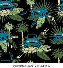 Tropical jungle forest with blue cartoon car. Seamless pattern. Vector illustration.