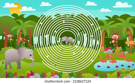 Tropical jungle forest circle maze for kids with cute elephant characters and flamingos with frogs, find right way