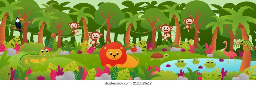 Tropical jungle forest landscape with cute animals, web banner with lion, monkeys and toucan in cartoon style, zoo poster, horizontal rainforest with flowers and pond