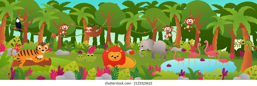 Tropical jungle forest landscape with cute animals, web banner with lion, flamingos and tiger laying on wood trunk in cartoon style, zoo poster, horizontal rainforest with flowers and pond