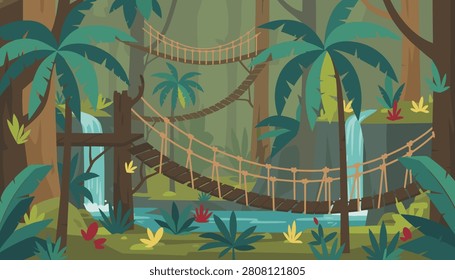 Tropical jungle forest landscape featuring hanging rope bridges over a calm river with exotic palm trees and waterfalls.