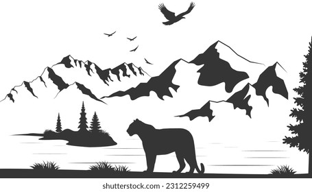 Tropical jungle, forest landscape vector illustration. Cartoon flat nature of tropics, panorama with jaguar silhouette of volcano mountains. Tropical adventure background.