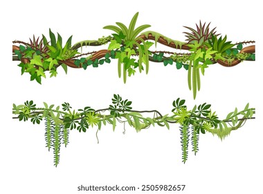 Tropical jungle forest liana branch with climbing roots and leaves. Cartoon vector green foliage spinney with hanging vines. Amazon or african rainforest nature. Tree branches, thicket plants for game