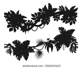 Siluetas de ramas de liana de bosque de selva tropical. Vector negro silueta de vides, árbol, matorral de plantas. Flora amazónica o africana, escalada de selva tropical y raíces colgantes, hojas, sombra de espineta de follaje