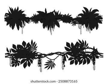 Bosque de selva tropical liana siluetas de ramas de plantas de vid de hiedra, iconos vectoriales. Selva tropical liana y Amazonia selva creeper siluetas de árboles con escalada y hojas colgantes para marco ornamentado