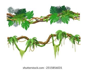 Tropical jungle forest liana branch. Cartoon vector rainforest vines and thickets. Amazon or african flora hanging creeper plants. Isolated tropic nature foliage, spinney gui elements, game landscape