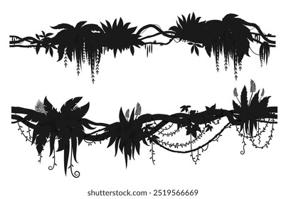 Siluetas de ramas de liana de bosque de selva tropical. Vector de enredaderas negras y hojas de árbol de la selva tropical, planta trepadora o enredadera. Conjunto de bordes florales tropicales de ramas de árboles de la selva y siluetas de vides