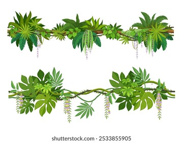 Tropical jungle forest liana branch with flowers. Cartoon vector vines with hanging blossoms. Tree, plant thicket, rainforest climbing roots, leaves, green foliage spinney. Amazon or african nature