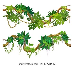 Tropical jungle forest liana branch intertwined and cascading with an array of green leaves. Cartoon vector green foliage spinney, dense flora of rainforest ecosystem with climbing roots and thickets