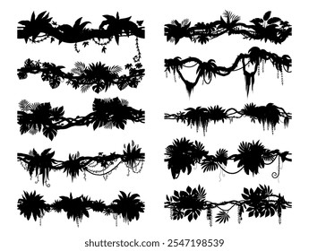 Tropical jungle forest liana branch silhouettes vector set. Black silhouetted vines, tree, plant thicket, rainforest climbing and hanging roots, leaves, foliage spinney shadow. Amazon or African flora