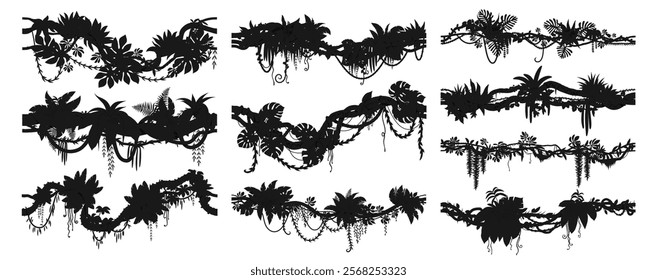 Tropical jungle forest liana branch silhouettes of rainforest ivy leaves, vector icons. Tropical liana or creeping jungle tree and bindweed plant with curly tendrils and rainforest monstera leaves