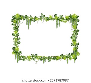 Tropical jungle forest liana frame with green leaves and plants, vector background. Liana vine or ivy leaf frame of tropical creeping jungle tree, rainforest bindweed plant and monstera leaves