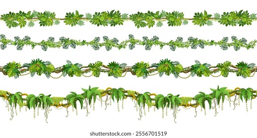 Tropical jungle forest liana seamless vine branches. Vector banner borders of exotic climbing plant liana garlands with green vines, branches and hanging stalks, ivy, wisteria and monstera leaves