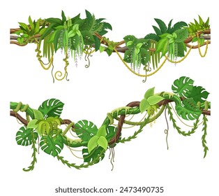 Tropical jungle forest liana vine branch. Vector rainforest thicket, Amazon or african flora, hanging creeper plants. Isolated tropic nature foliage. Cartoon spinney, elements of gui game landscape