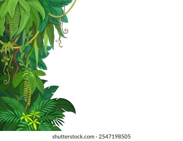 Tropical jungle forest lianas background with vector border of cartoon tree branches, vines and green leaves. Rainforest jungle climbing plant lianas, creeper vines and tendrils border frame line