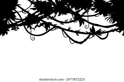 Tropical jungle forest lianas silhouette background frame, Amazon nature thicket black shadow. Vector rainforest leaves, plants and trees foliage. African floral upper border with tropic vegetation