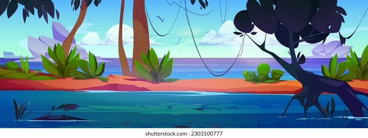 Tropical jungle forest near sea shore vector landscape. Amazon river nature scene with sandy island in water illustrated cartoon environment. Fantasy tropic rainforest with liana on trees