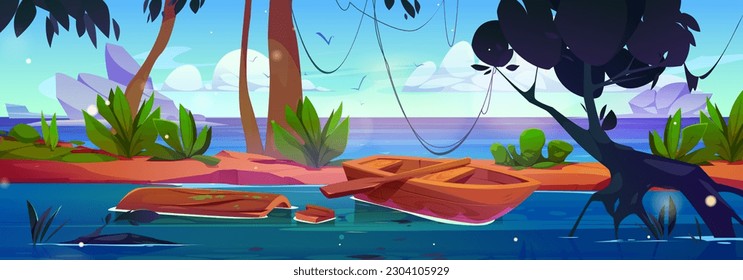 Selva tropical de selva cerca del paisaje vectorial de la costa del mar. Escena de la naturaleza del río Amazonas con barco y acceso al agua ilustra el entorno de dibujos animados. Fantasía tropical selva tropical soleado fondo de pantalla