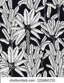 Tropical Jungle Forest with Palms and Banana Leaves, Seamless Patterns on Dark Background