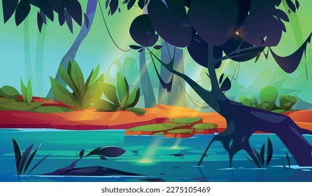 Tropical jungle forest with river vector background. Water in amazon lake nature cartoon landscape. Illustrated rainforest with beautiful swamp and tree scene. Wild sunny summer game picture.