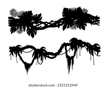 Tropical jungle forest seamless liana branch silhouettes of ivy creeper plant vine, cartoon vector. Tropical rainforest liana and jungle bindweed tree with climbing leaves silhouette for border frame