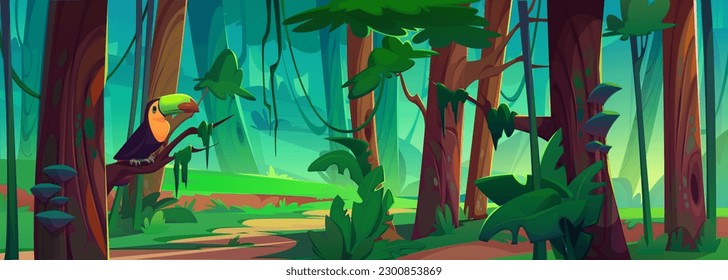 Tropical jungle forest with toucan on tree cartoon background. Bird on branch in wildlife exotic nature landscape. Adventure in wild amazon rainforest park with liana and bush illustration design.