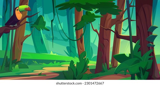 Tropical jungle forest with toucan on tree cartoon background. Bird on branch in wildlife exotic nature landscape. Adventure in wild amazon rainforest park with liana and bush illustration design.