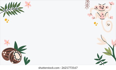 Tropical Jungle Frame with Cute Monkey and Botanical Elements
