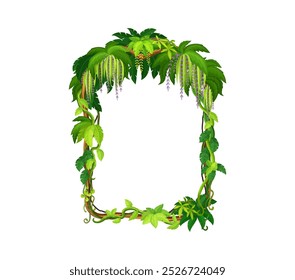 Tropical jungle frame with forest liana branch and leaves. Cartoon vector arched border made of natural foliage and exotic greenery, creeper plans and hanging roots. Photo frame or game menu template