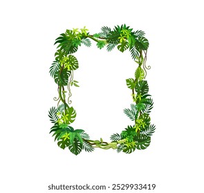 Tropical jungle frame with forest liana branch, leaves and vines. Cartoon vector rectangular border with intertwined tree foliage. Empty background with rainforest plants. Tropics photo frame template