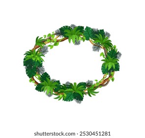 Marco de selva tropical con ramas y hojas de liana de bosque, vides entrelazadas, matorrales y plantas enredaderas. Borde oval natural del Vector de la historieta, marco de la foto del ambiente de la selva tropical densa y próspera