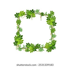 Tropical jungle frame with forest liana branch and leaves. Cartoon vector decorative square border made of lush exotic foliage and entwined vines for nature-inspired game menu or photo portrait