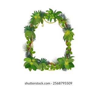 Tropical jungle frame with forest liana branch and leaves. Cartoon vector arched border made of natural foliage and exotic greenery, creeper plans and hanging roots. Photo frame or game menu template