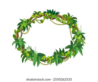 Tropical jungle frame, rain forest liana branches and leaves. Cartoon vector oval rainforest border, photo frame, game menu template. Circular frame composed of lush green leaves and exotic vegetation