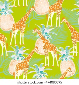 Tropical jungle with a giraffe and pineapple  - vector illustration