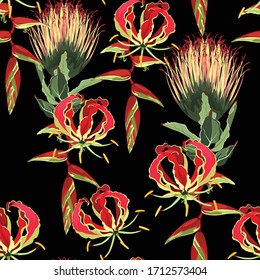 Tropical jungle Gloriosa glory lily paradise flowers, African flowers on black background. Beach seamless pattern.