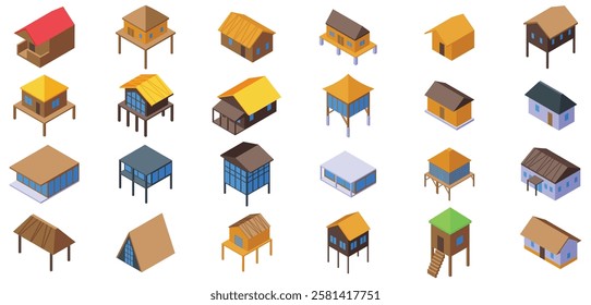  Tropical jungle house icons set. Bungalow icons set featuring various styles of tropical houses, beach huts, and stilt houses, all rendered in a consistent isometric view