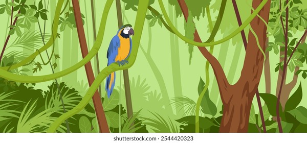 Tropical jungle landscape with Ara macaw sitting on green liana hanging from tree branch. Exotic nature scene and parrot with blue and yellow feathers of tail and wings cartoon.