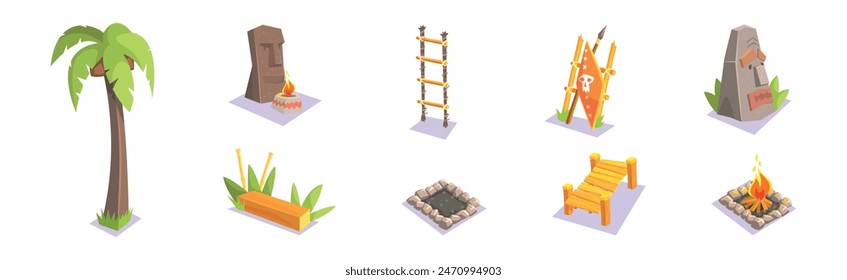 Tropical Jungle Landscape Design Element for Computer Game Vector Set
