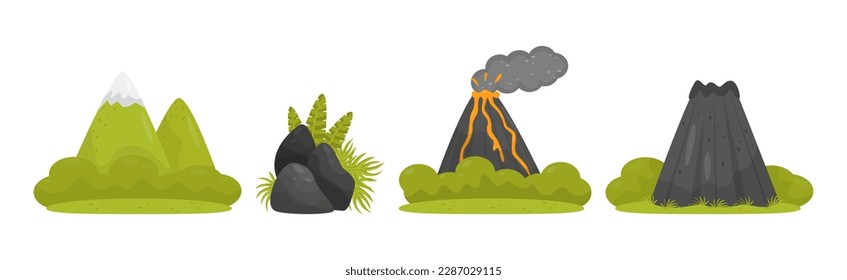 Conjunto de vectores de elementos de diseño de paisajes de selva tropical