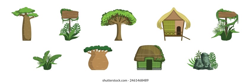 Tropical Jungle Landscape Design Elements and Object Vector Set