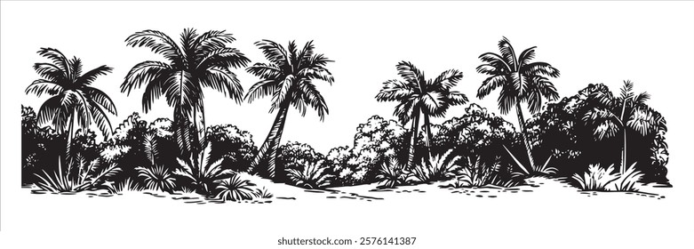 tropical jungle landscape with palm trees in black and white hand-drawn style